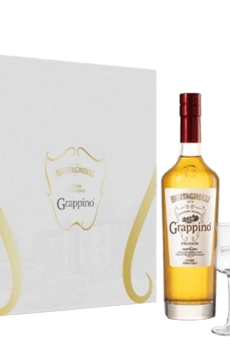 Grappa Bertagnolli Cofanetto White Grappino Original Riserva Oro 18 mesi con due bicchieri